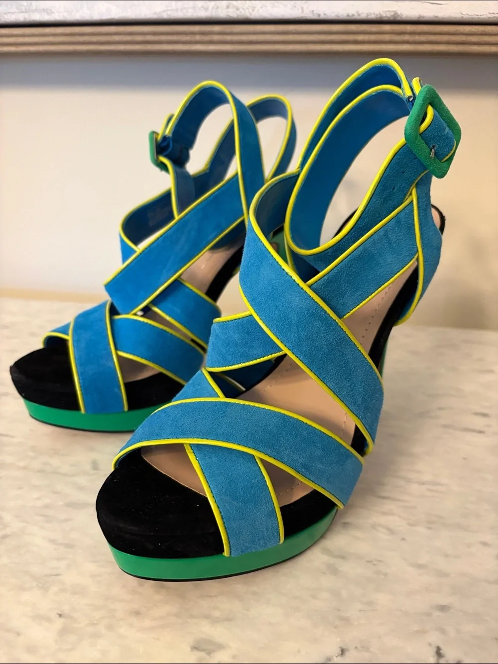 Jessica Simpson Turquoise & Green Strappy Suede Platform Heels Yellow Trim 8/38 - Picture 5 of 15